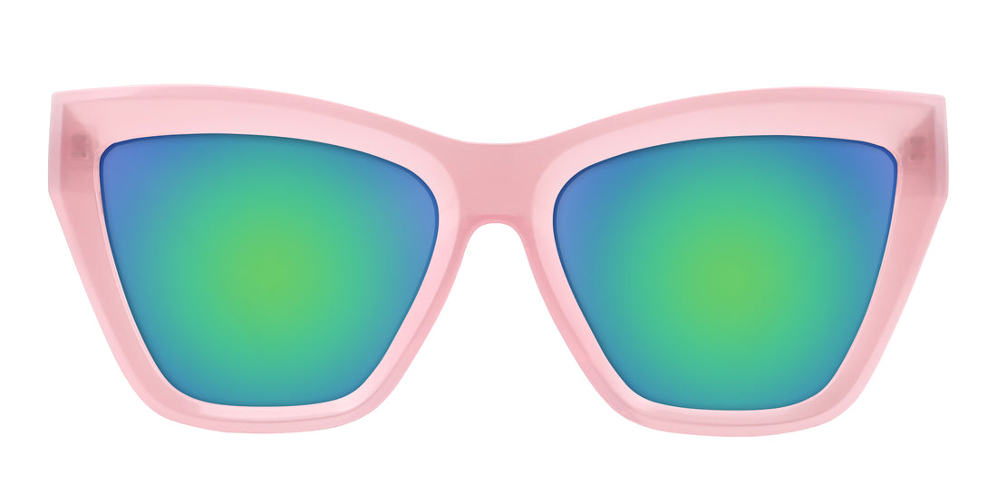 Front close-up of Eclipse Rx cat-eye sunglasses with pink translucent frames and green-blue lenses on white
