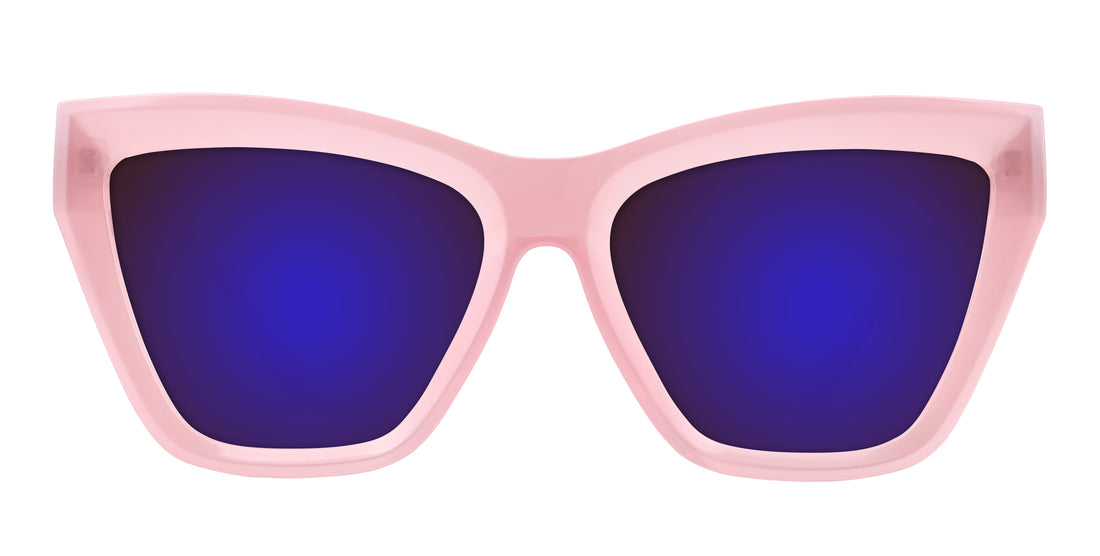 Front view of Eclipse cat-eye prescription sunglasses showcasing translucent pink frames and blue-purple mirrored lenses on white