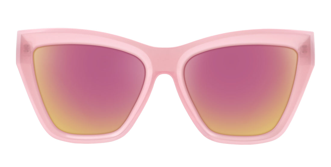 Front close-up of Eclipse cat-eye prescription sunglasses with semi-transparent pink frames and pink-gold mirrored lenses