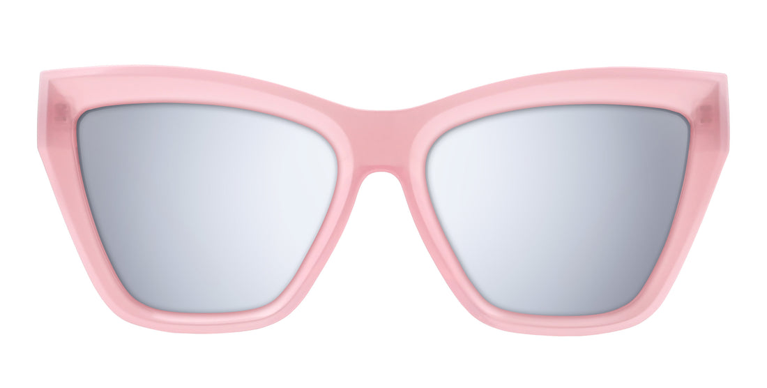 Front close up of Eclipse prescription cat eye sunglasses with semi transparent pink glossy frames and silver lenses on white