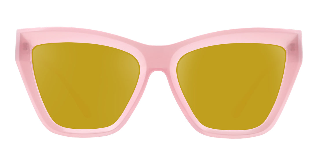 Close up front view of Eclipse sunglasses with semi transparent pink cat eye frames and yellow lenses on white background