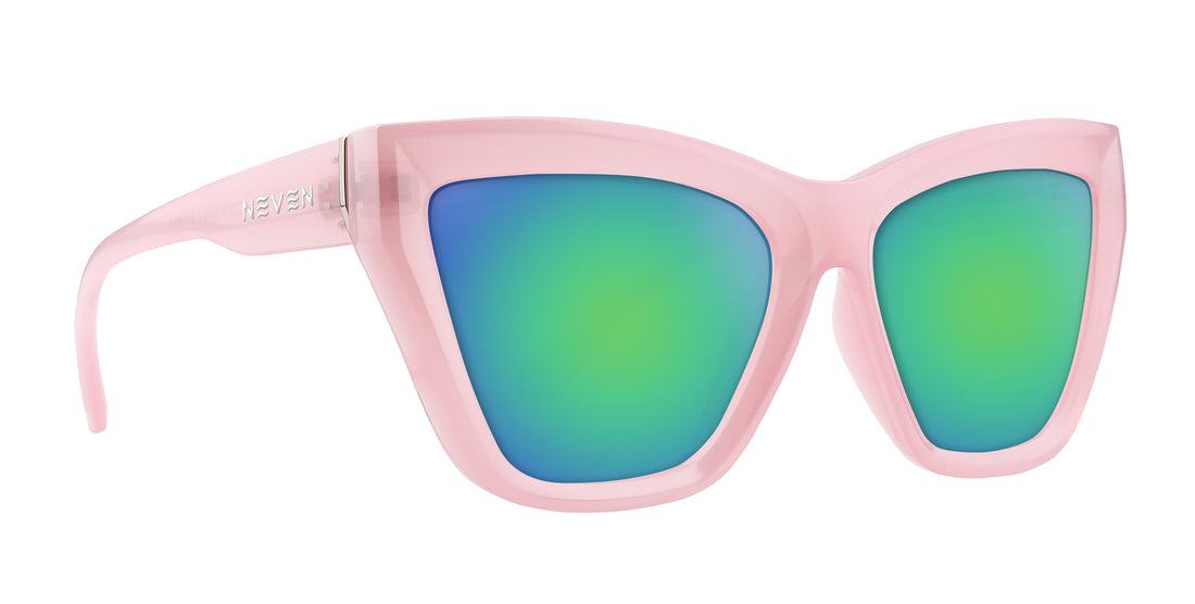 Right-front detail of Eclipse cat-eye sunglasses showing semi-transparent pink frames and green-blue mirrored lenses on white