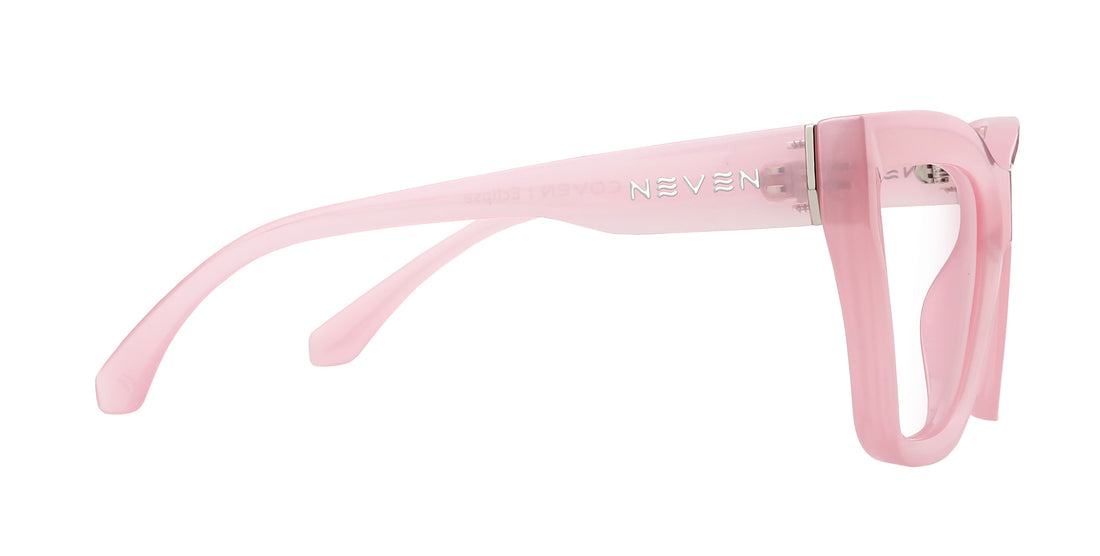 Side close-up of Eclipse prescription glasses showcasing semi-transparent pink cat-eye frame, metal hinge, and NEVEN logo on a white background