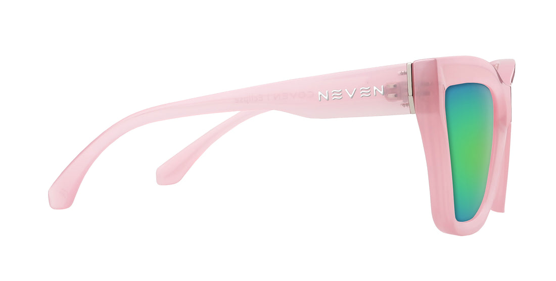 Side view of Eclipse Rx sunglasses with semi-transparent pink cat-eye frame, green mirrored lens and Neven logo on white