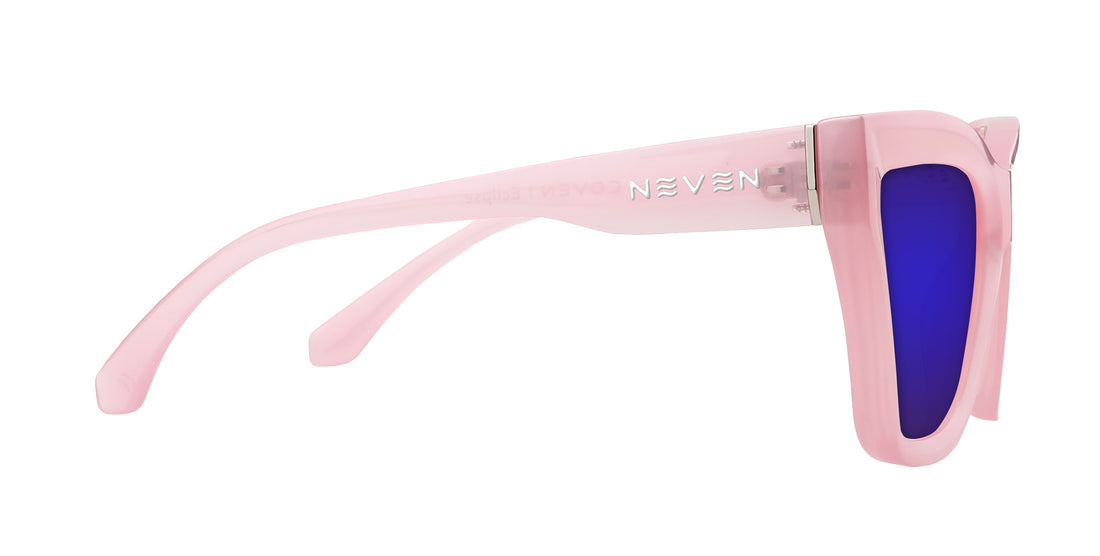 Side view of Eclipse prescription cat-eye sunglasses with pink semi-transparent frame, Neven logo, blue lenses