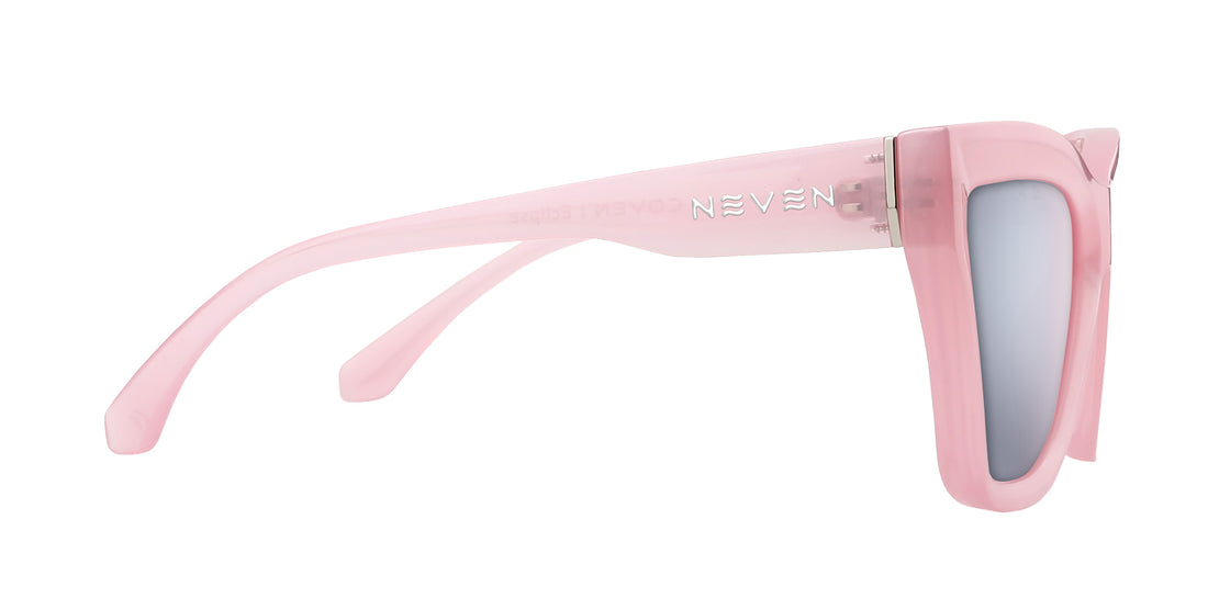 Side view of Eclipse pink cat-eye prescription sunglasses showing glossy temple with silver Neven logo on white background