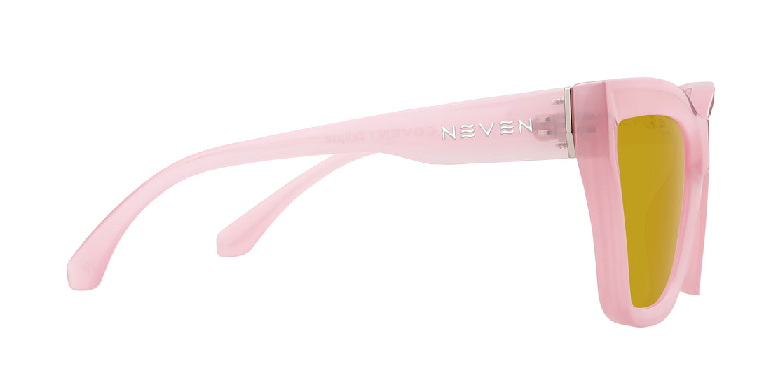Side view of Eclipse Rx cat-eye sunglasses with semi-transparent pink frame, Neven logo, yellow lenses on white background