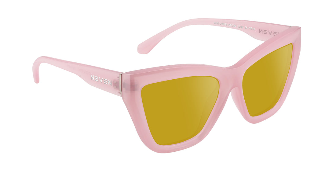 Three-quarter view of Eclipse Rx sunglasses with semi-transparent pink cat-eye frames and yellow lenses on white background