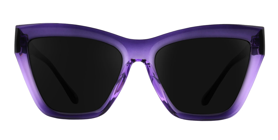 Front close-up of Ethereal cat-eye prescription sunglasses showing glossy purple gradient frames and black lenses on white background