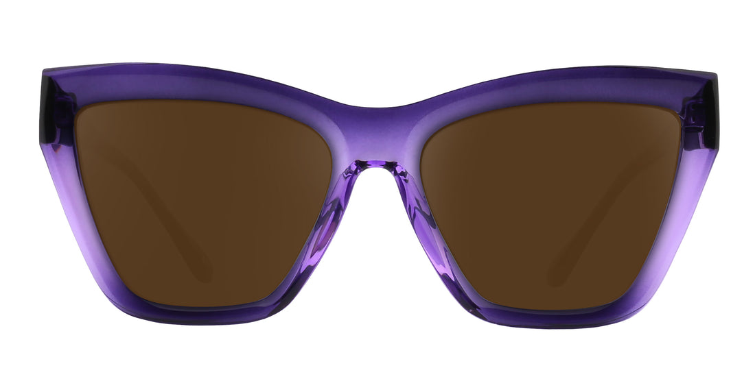 Close-up front view of Ethereal cat-eye prescription sunglasses showing glossy purple gradient frame and brown lenses on white background
