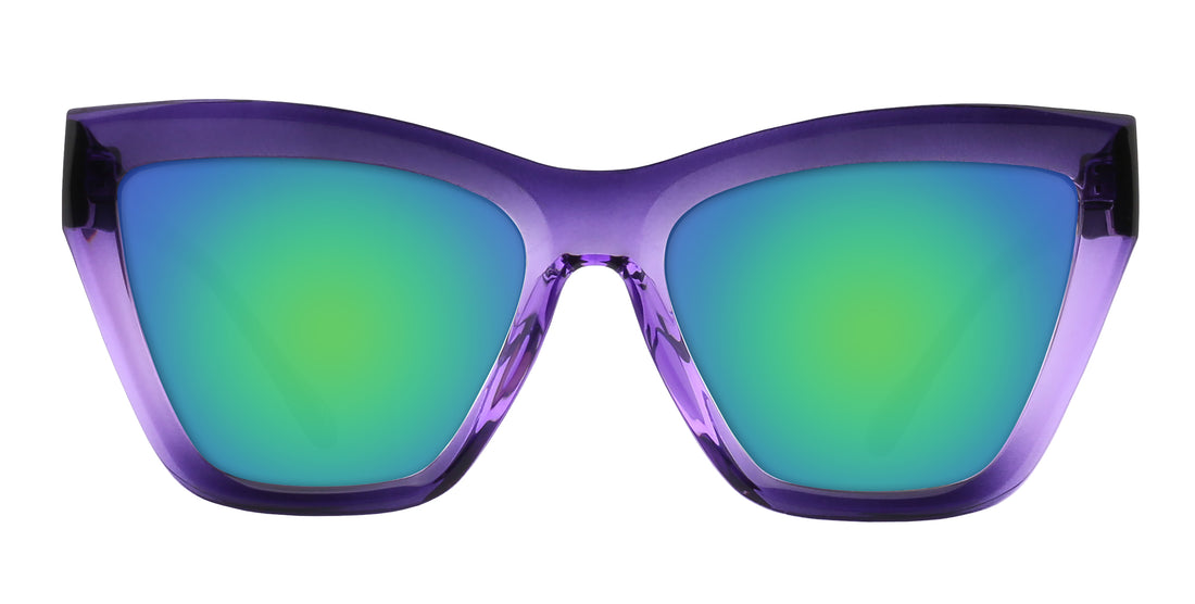 Close-up front view of Ethereal purple gradient cat-eye sunglasses with glossy frame and blue-green mirrored lenses on white