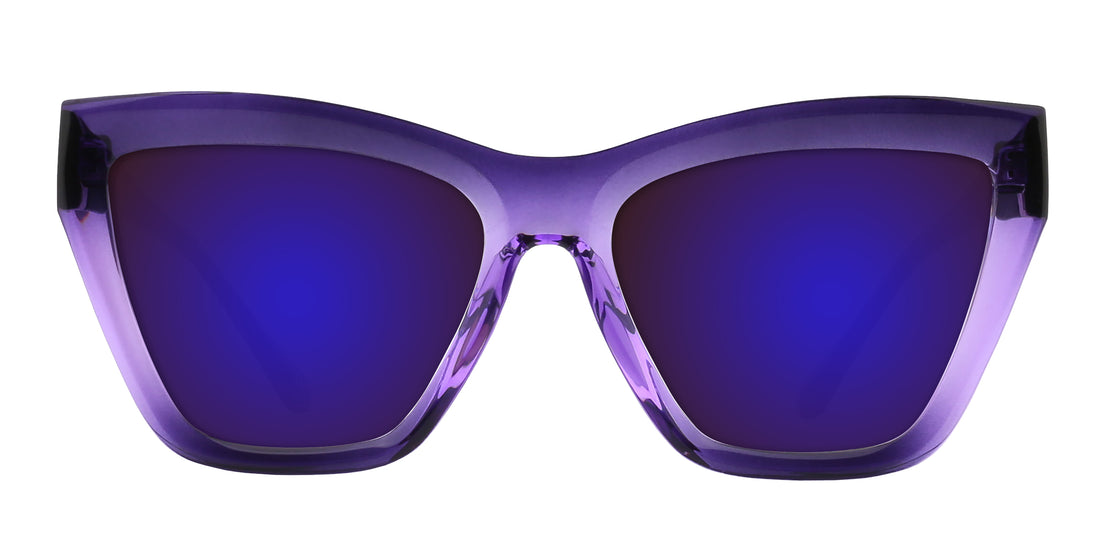 Front view of Ethereal Rx cat-eye sunglasses with glossy purple gradient frames and mirrored blue lenses on white background
