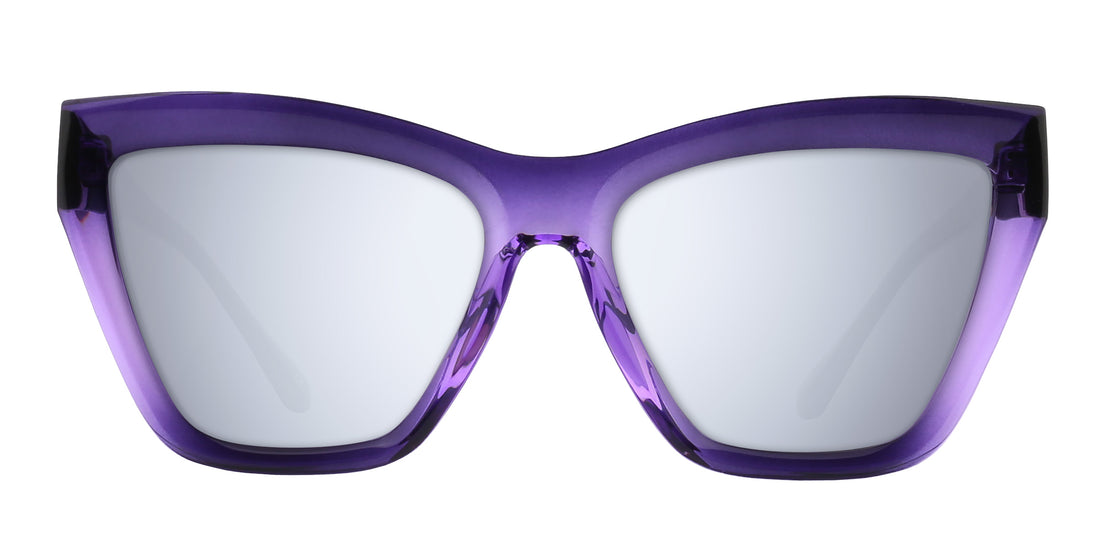 Front close-up of Ethereal sunglasses showcasing glossy purple gradient cat-eye frames with silver mirrored prescription lenses on white background