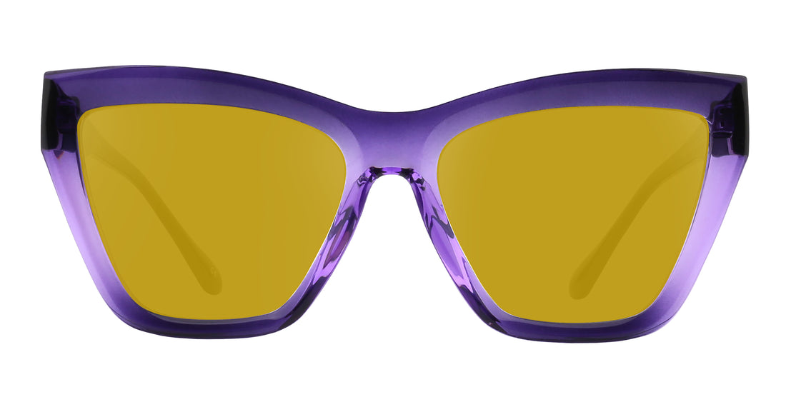 Front view of Ethereal Rx cat-eye sunglasses showcasing glossy purple gradient frames and yellow lenses on white background