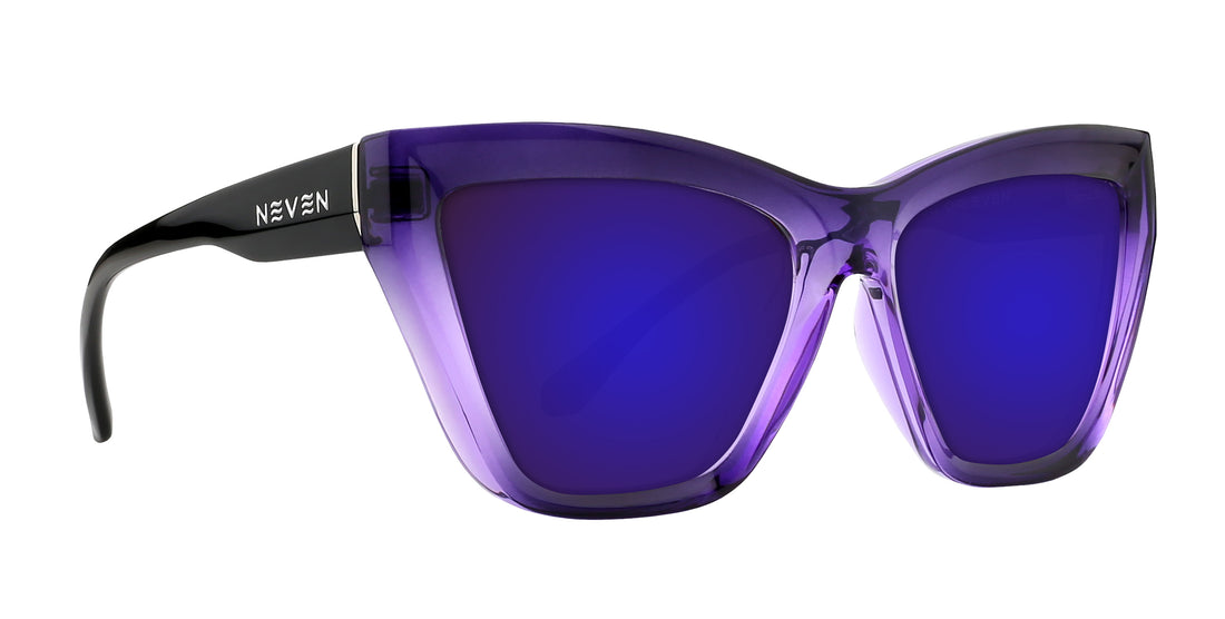 Right close up of Ethereal cat eye sunglasses showing purple gradient frame, mirrored lenses and Neven logo on white