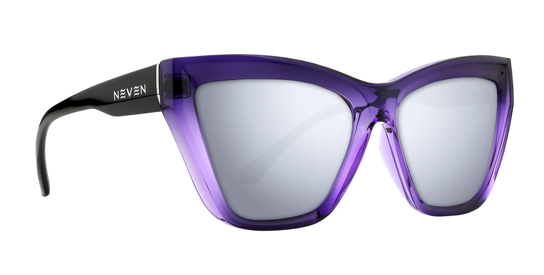Close-up of Ethereal cat-eye sunglasses with glossy purple frames, mirrored Rx lenses, black temple, and Neven logo on white