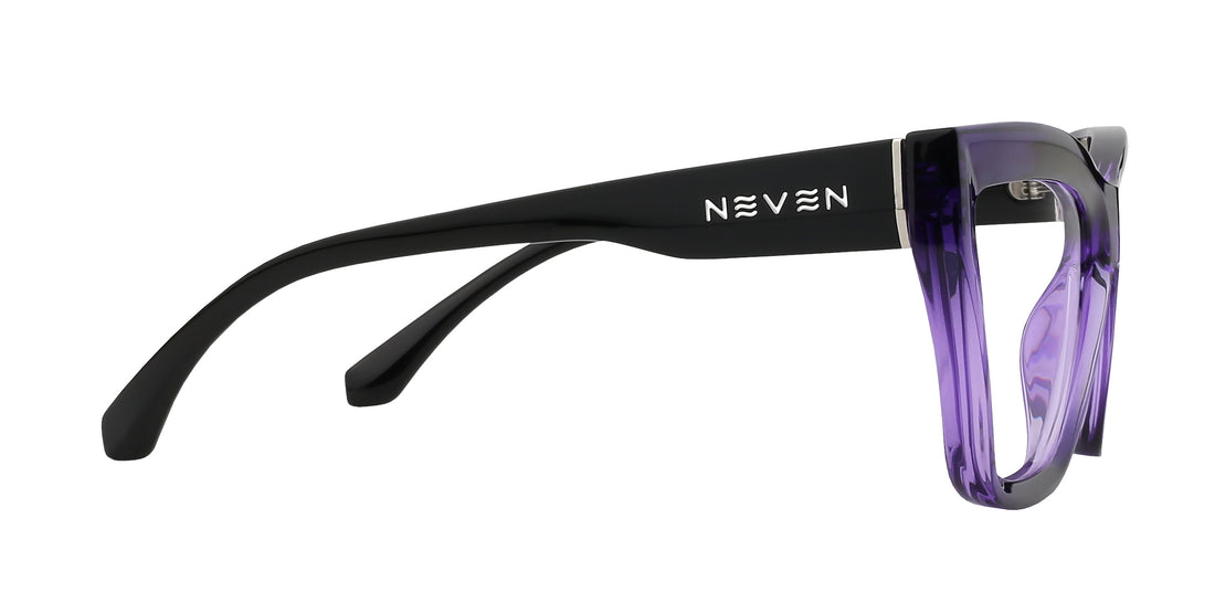 Side view of Ethereal Rx cat-eye glasses showing purple gradient frame and black temple with Neven logo on white background
