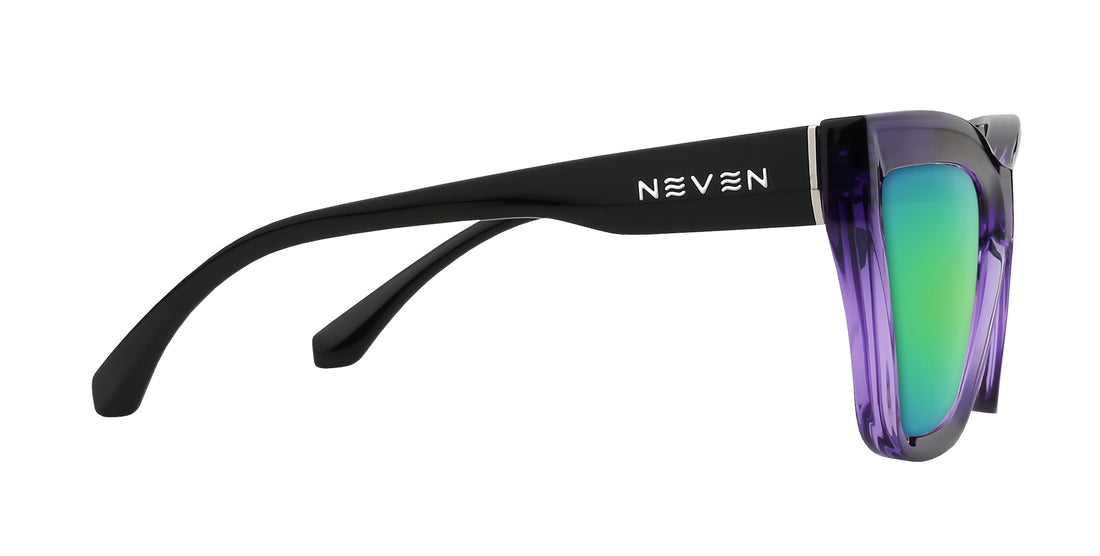 Side close-up of Ethereal cat-eye prescription sunglasses showcasing purple gradient glossy frame and green mirrored lenses with white background
