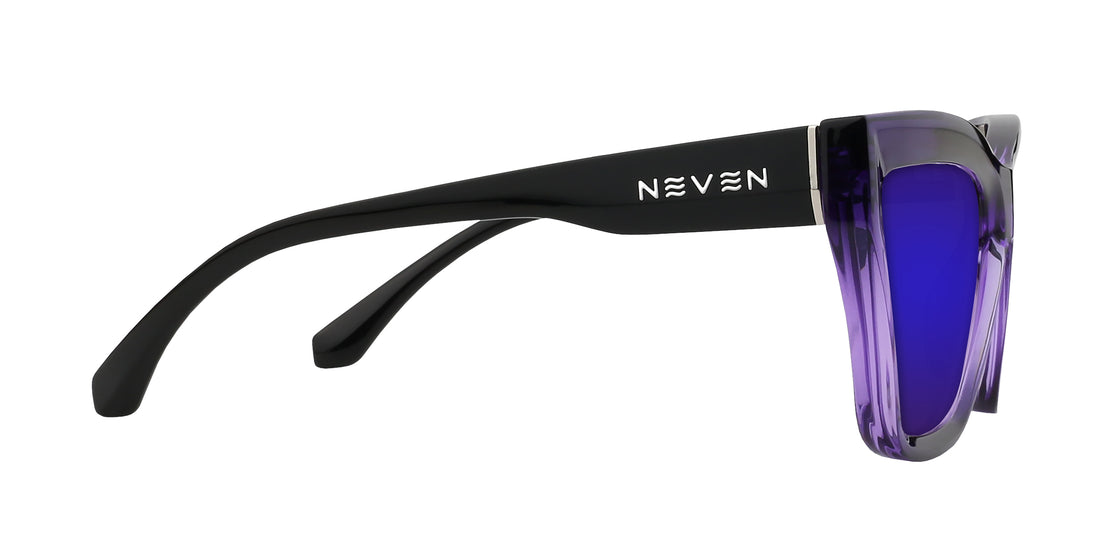 Side view of Ethereal Rx cat-eye sunglasses showing glossy purple gradient frame and black temple arm with Neven logo on white