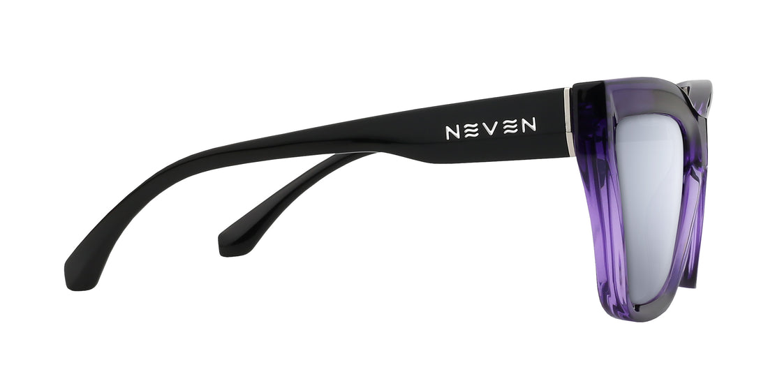 Side close-up of Ethereal cat-eye Rx sunglasses with purple gradient frame and black temple with NEVEN logo, on white