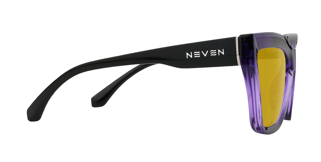 Close-up side view of Ethereal purple cat-eye sunglasses showing black temple with NEVEN logo and yellow lens