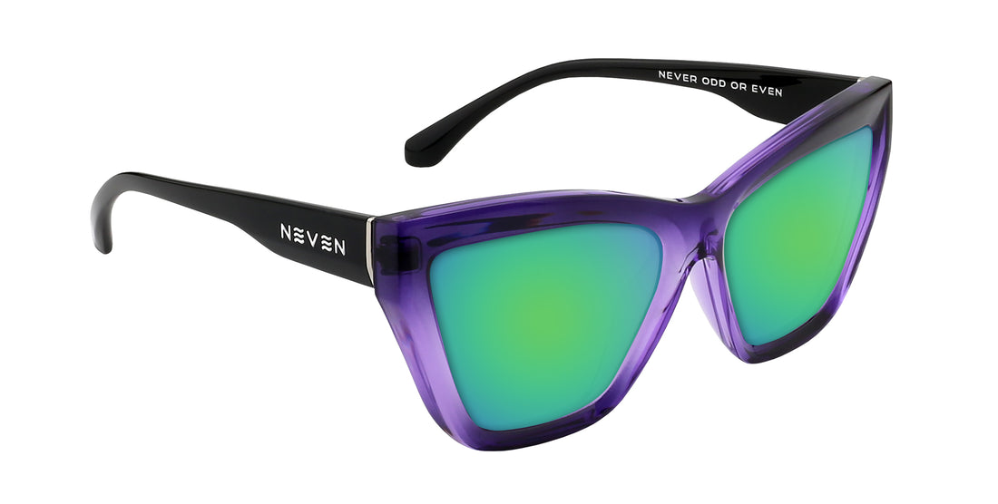 Three quarter view of Ethereal Rx cat eye sunglasses showing glossy purple gradient frames and green mirrored lenses on white