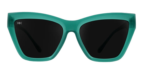 Teal cat-eye polarized sunglasses with black lenses .