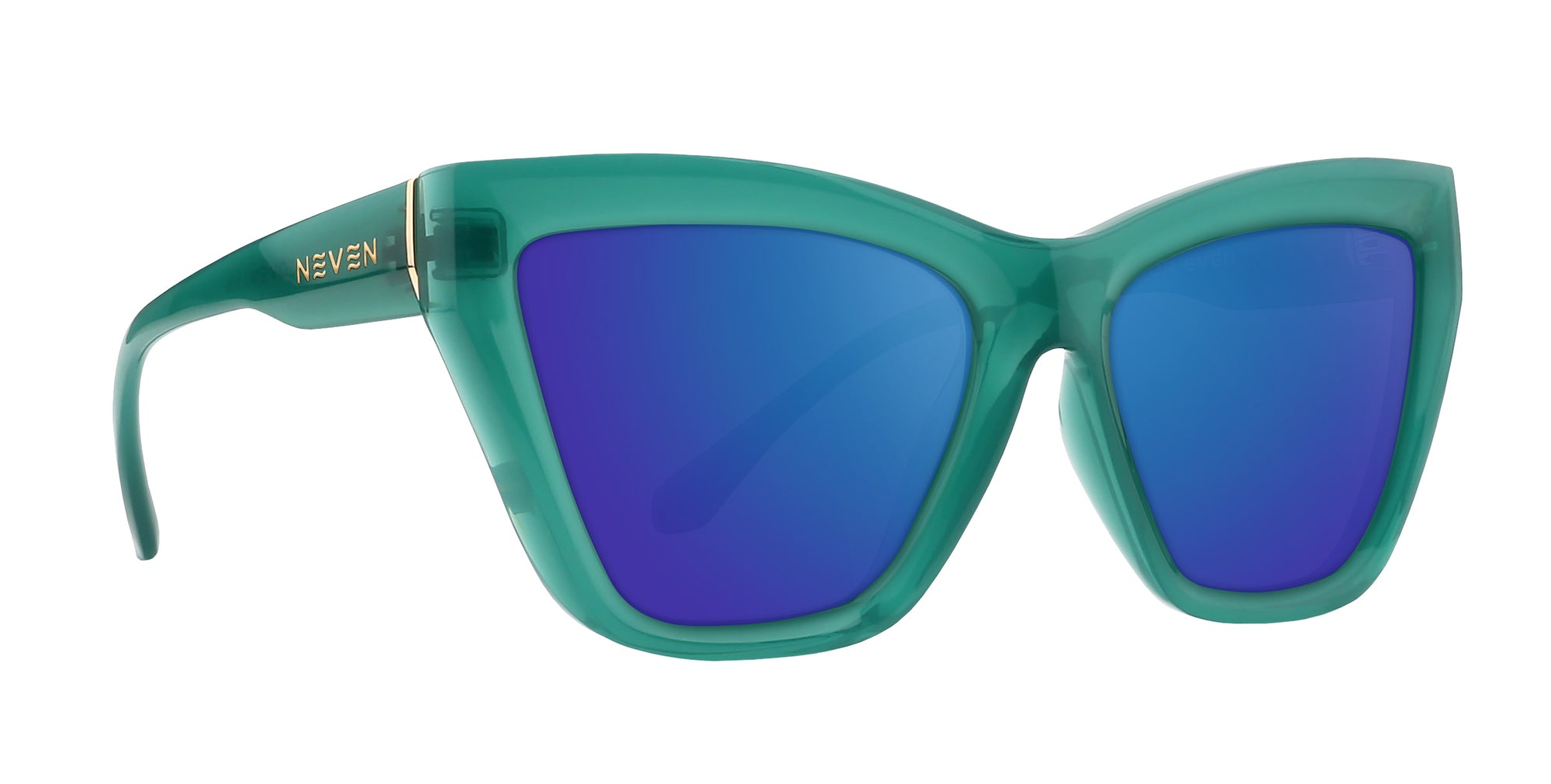 Iris polarized cat-eye sunglasses in green with blue lenses.