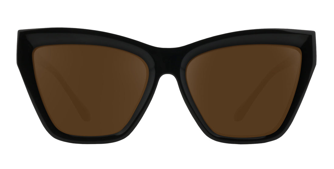Front view of Nocturnal cat-eye prescription sunglasses showcasing glossy black frame and brown lenses on white background