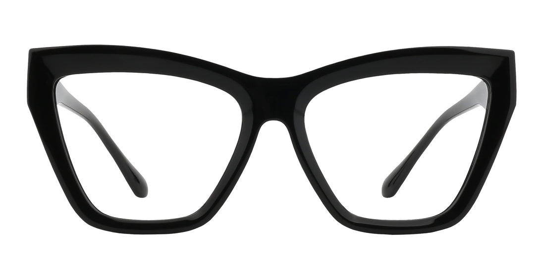 Front view of Nocturnal cat-eye glasses showcasing a glossy black medium frame with clear prescription lenses on a white background