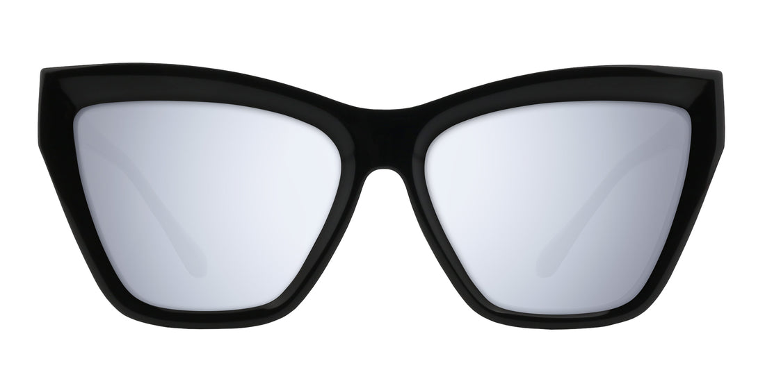 Front view of Nocturnal sunglasses showcasing glossy black cat-eye frame with clear prescription lenses on white background
