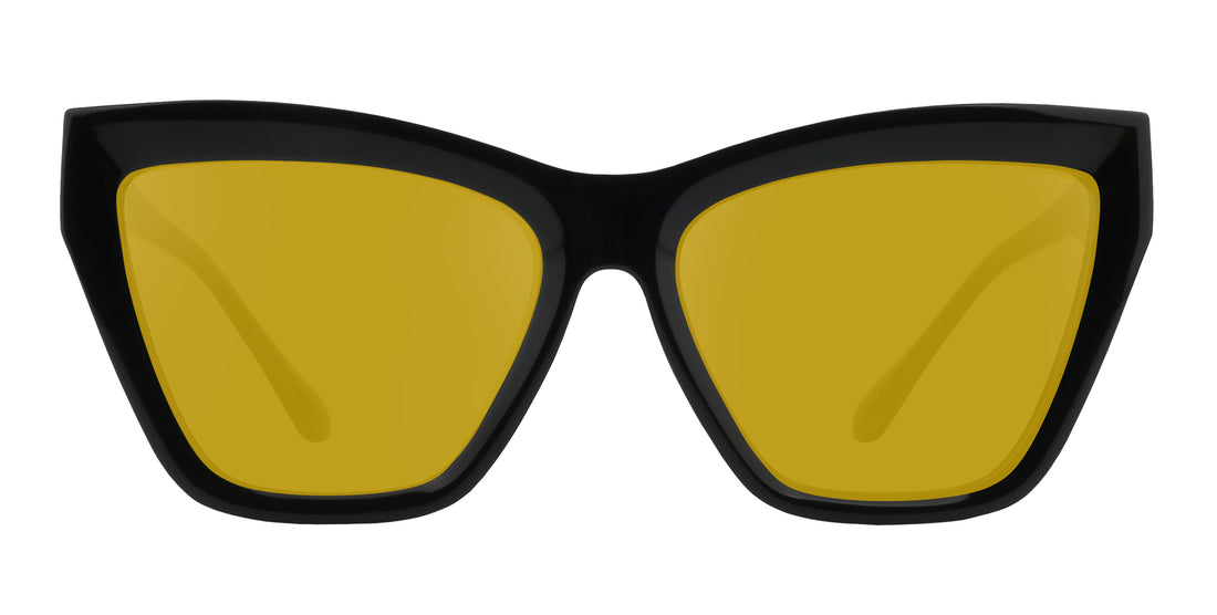 Close-up front view of Nocturnal Rx cat-eye sunglasses showcasing glossy black frame and yellow prescription lenses on white background