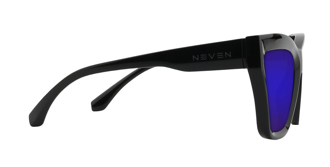 Side close-up of Nocturnal Rx cat-eye sunglasses with glossy black frame, Neven logo, purple lens on white background
