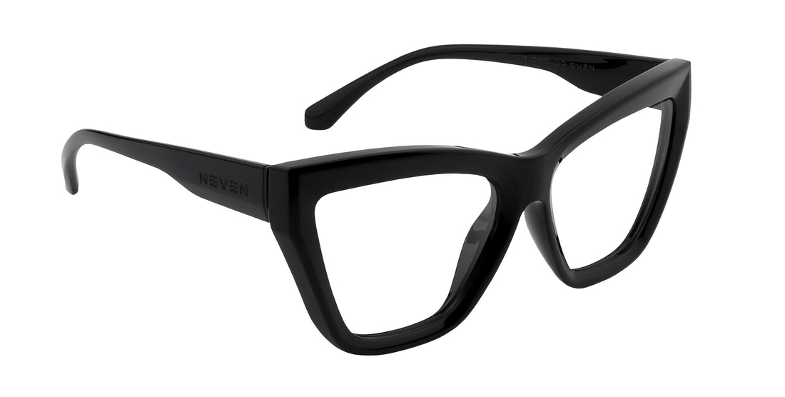 Angled close-up of Nocturnal cat-eye prescription glasses showcasing glossy black frame and clear lenses on white background