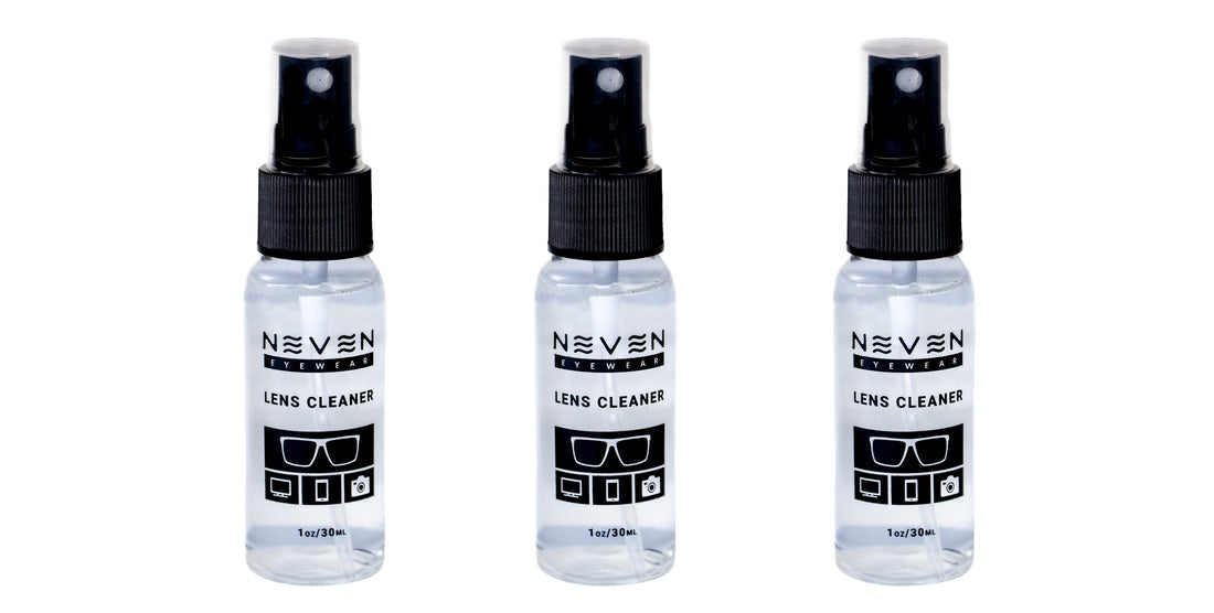 Front view of three 1 oz/30ml Neven lens cleaner spray bottles with black sprayers on white background