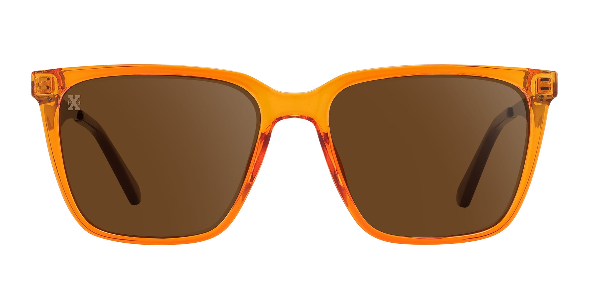 Extracted pair name: Java Extracted frame shape: square Formatted alt text: Java orange translucent square polarized sunglasses from Neven Eyewear.