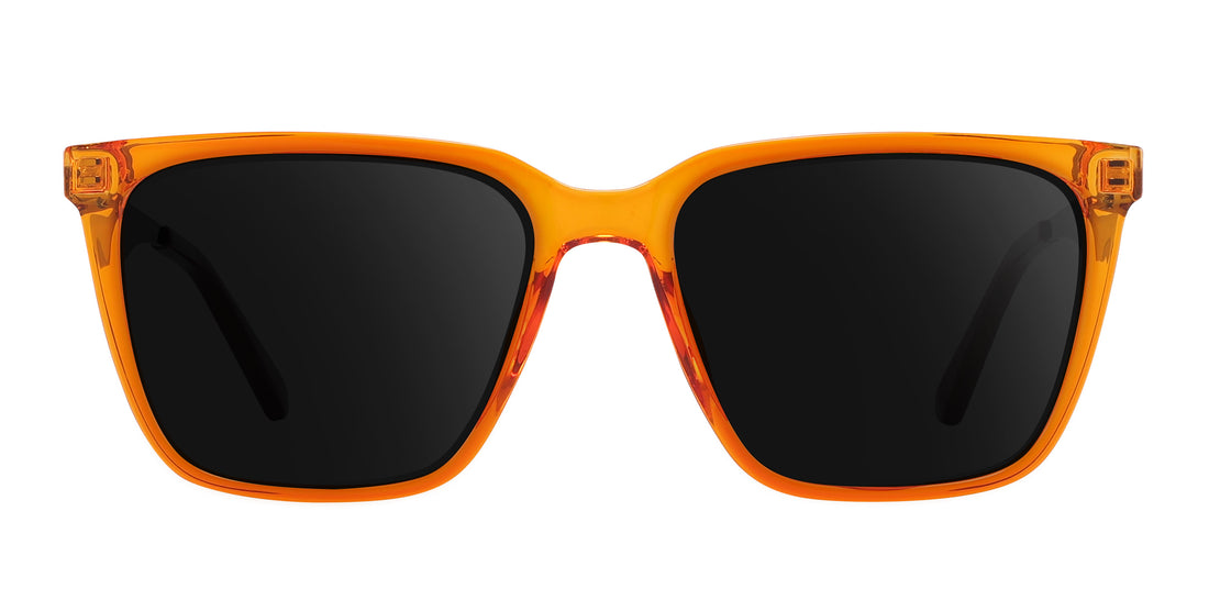 Front close-up of Java prescription sunglasses showcasing orange-amber frames and bronze temples on white background