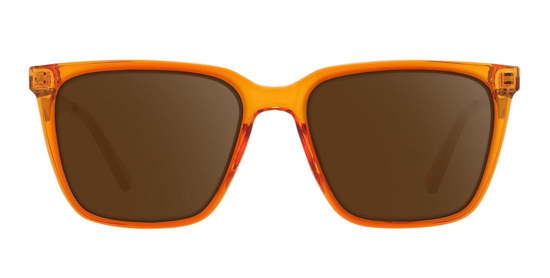 Front close-up of Java Rx sunglasses showcasing orange-amber frame and brown lenses on white background