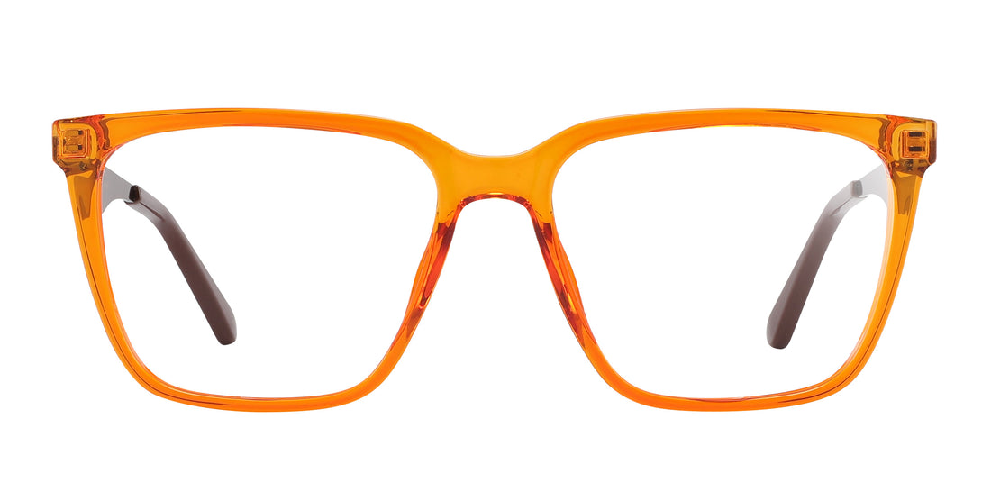Front view of Java prescription glasses showcasing translucent orange frames with clear lenses on white