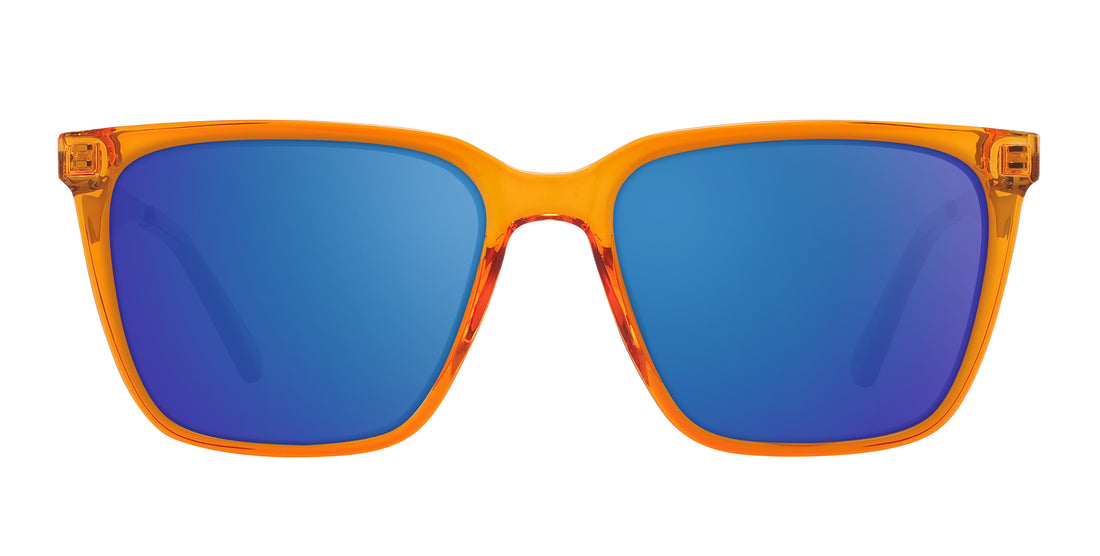 Front close-up of Java prescription sunglasses with orange amber frames and blue mirrored lenses on white background