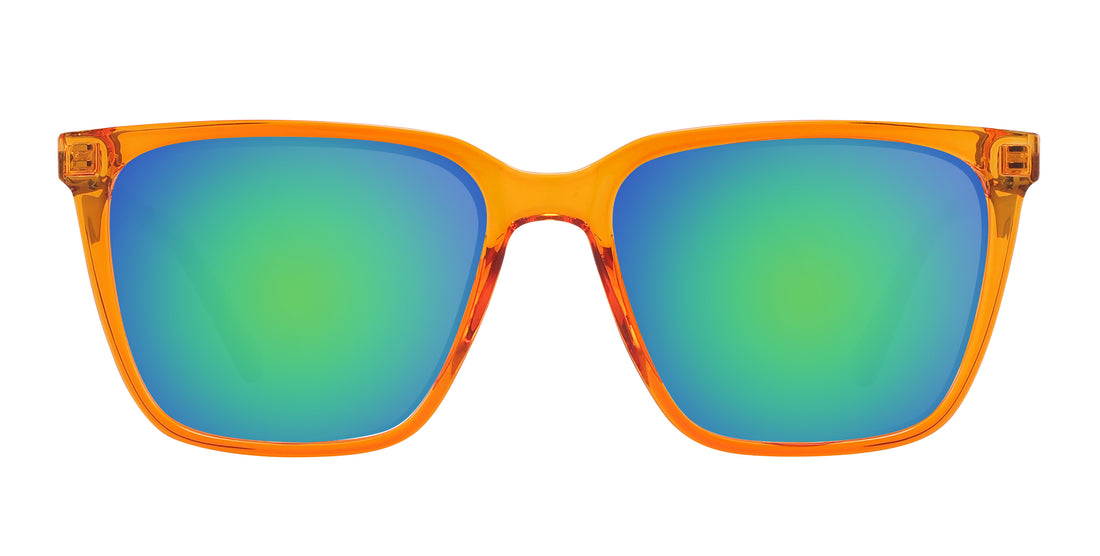 Close-up front view of Java prescription sunglasses showcasing orange-amber transparent frames and green-blue mirrored lenses on a white background