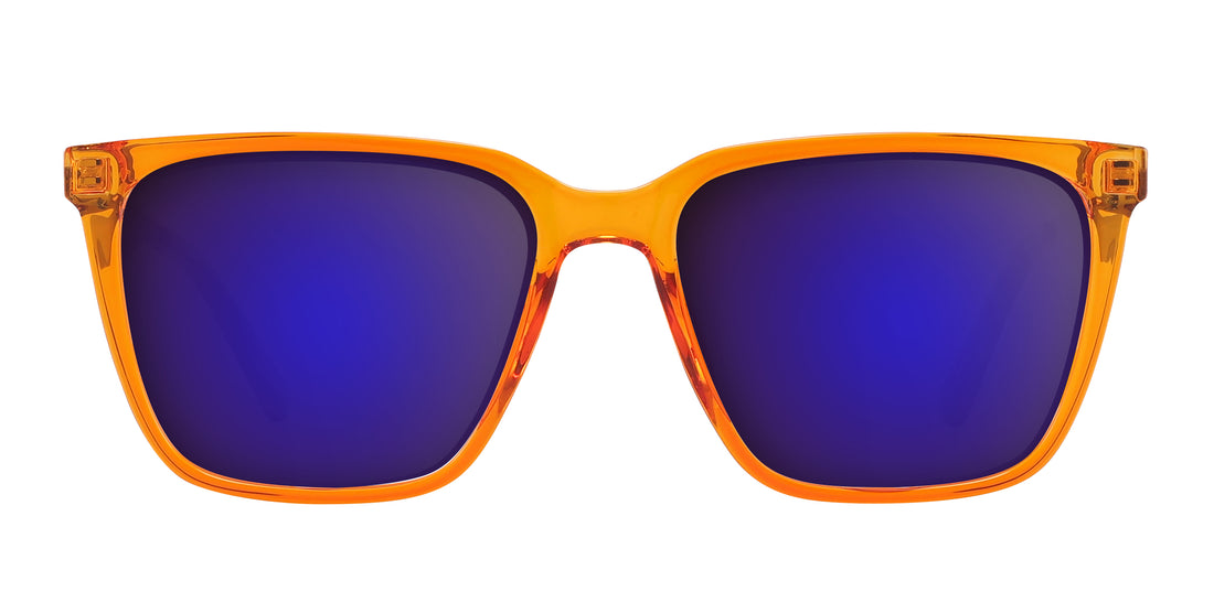 Close-up front of Java sunglasses showing orange amber transparent frame, bronze metal temples, and blue mirrored lenses on white background