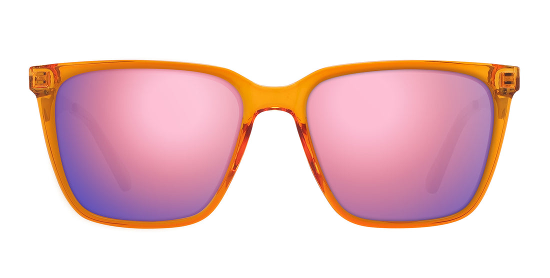 Front close-up of Java sunglasses showcasing orange amber transparent frame and pink mirrored lenses on white background