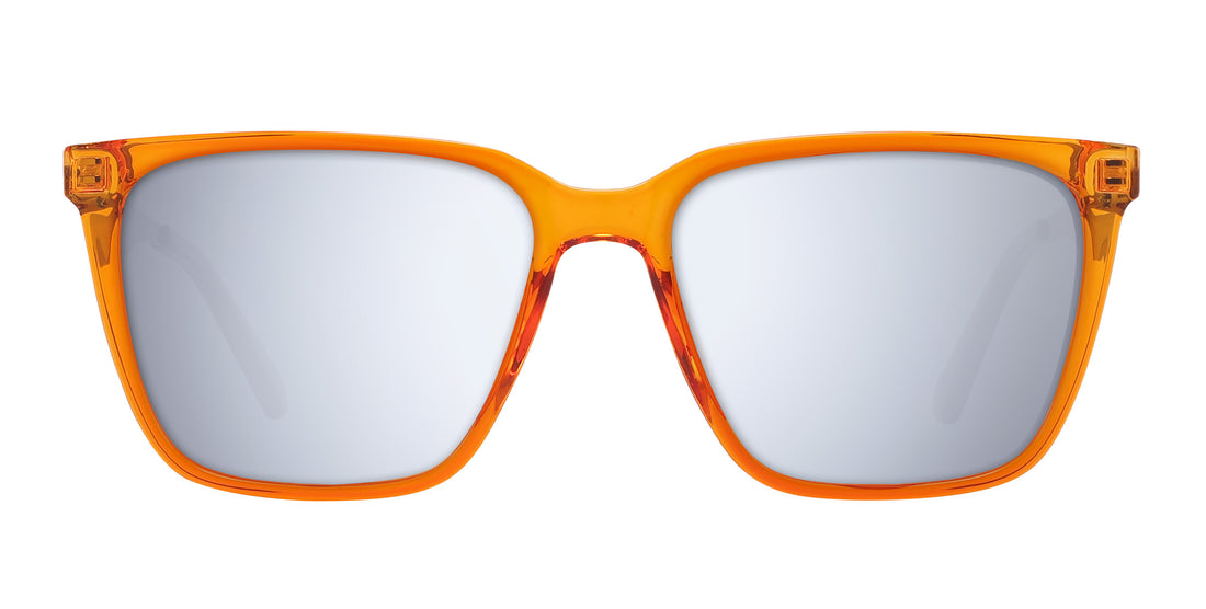 Front close-up of Java Rx sunglasses with orange-amber frame and silver mirrored lenses on white background