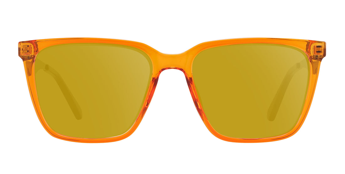 Close-up front view of Java sunglasses showing orange amber transparent frame and amber Rx lenses on white background