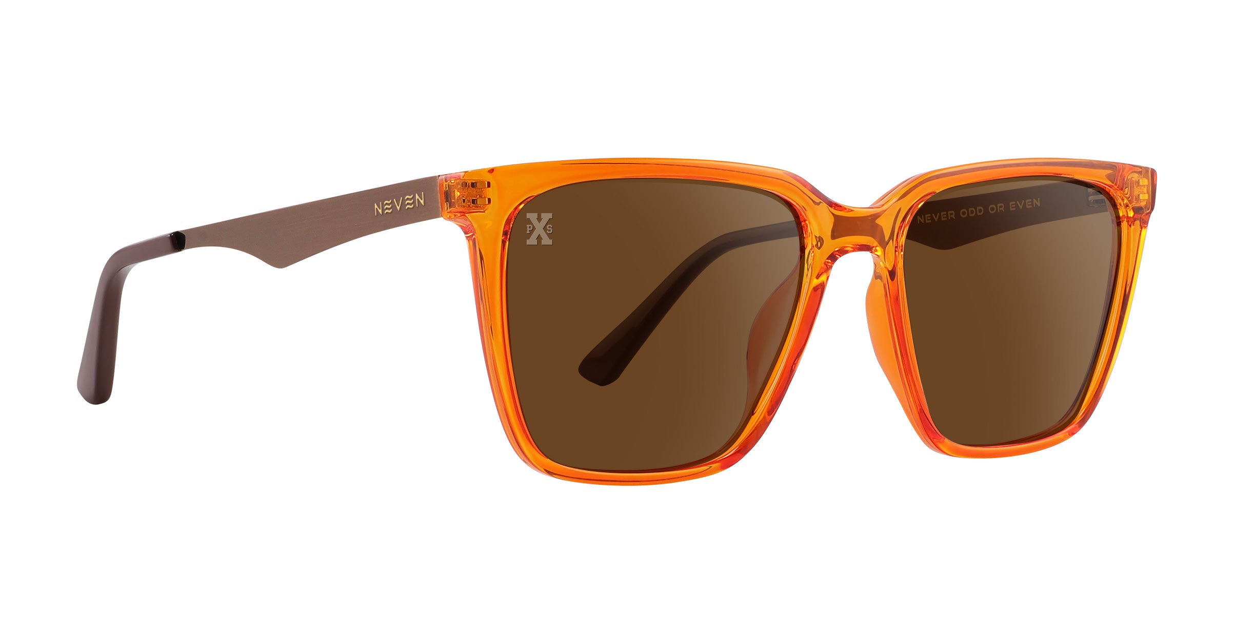 Extracted pair name: Java Extracted frame shape: square Formatted alt text: Java orange translucent square polarized sunglasses from Neven Eyewear.