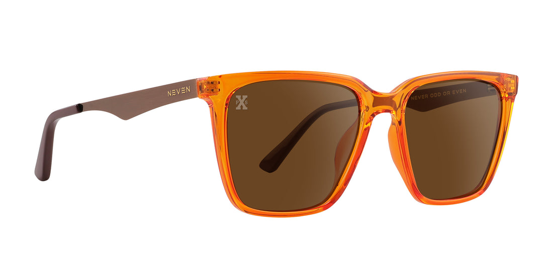 Three-quarter view of Daily Driver Java orange translucent square sunglasses showcasing brown polarized lenses on white background