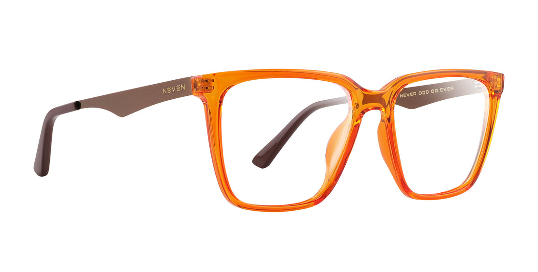 Three-quarter view of Java prescription glasses showcasing translucent orange frames and dark brown temples on white