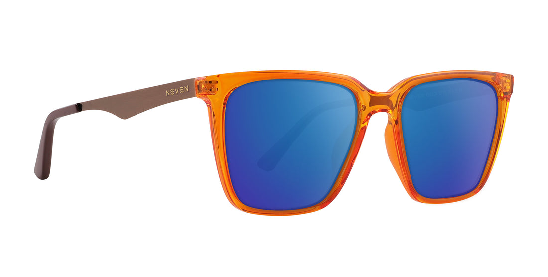 Three-quarter view of Java Rx sunglasses with orange-amber frames, bronze temples and blue mirrored lenses