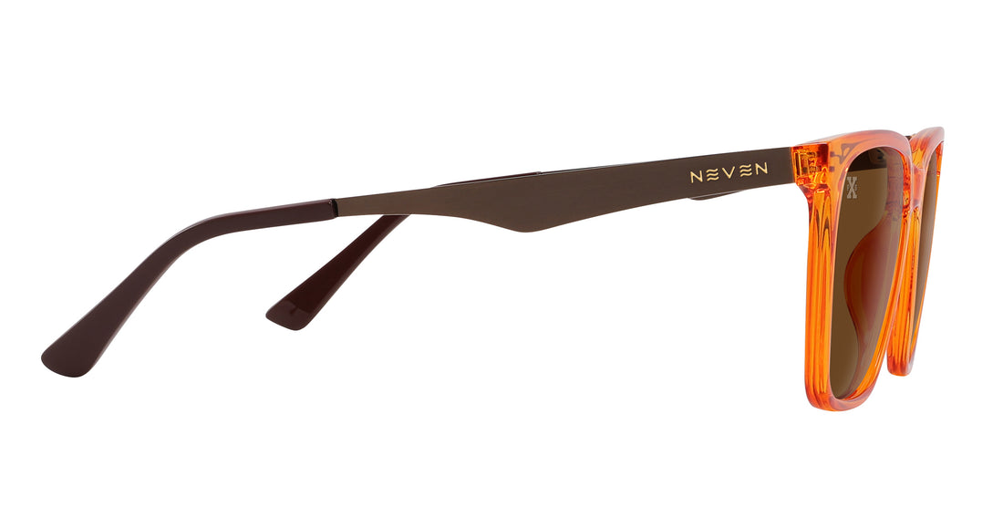 Three-quarter side view of Java polarized sunglasses showcasing transparent orange frames and brown lenses on white background